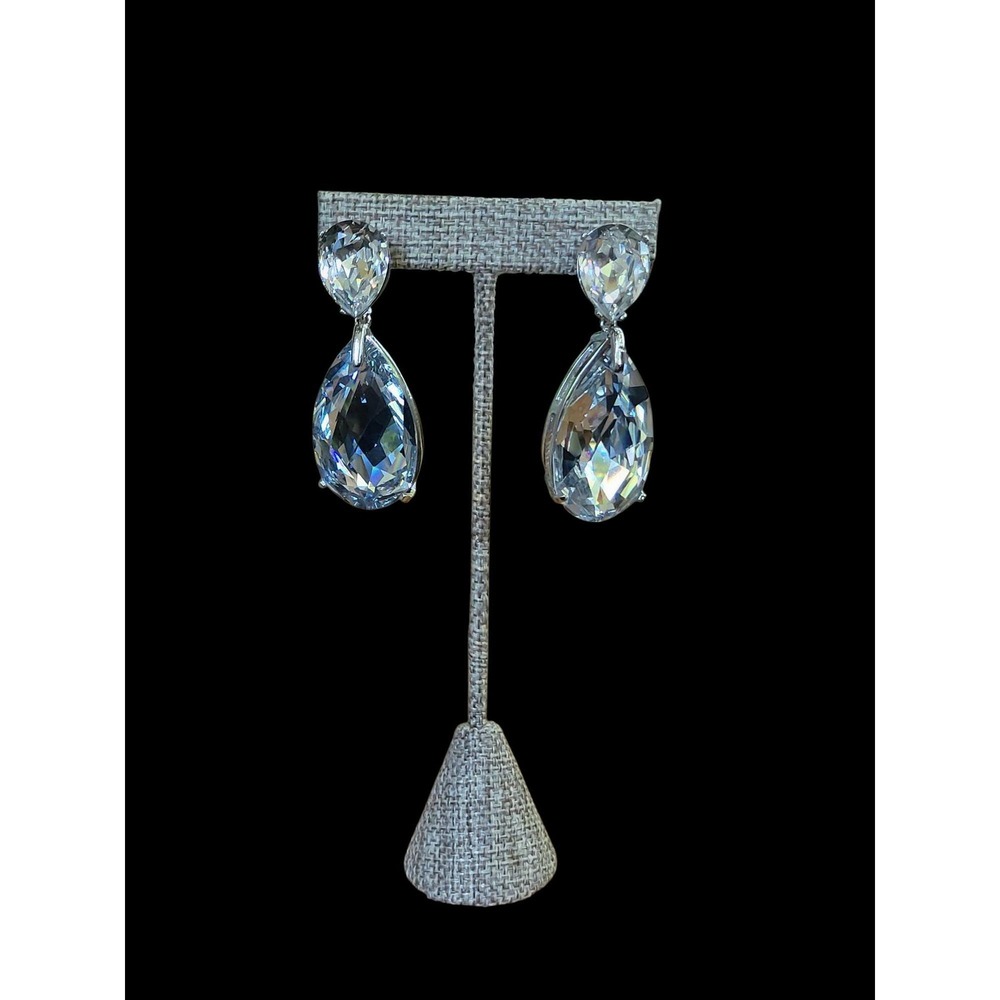 Kenneth Jay Lane KJL Clear Crystal Tear Drop Over Size Vintage Clip On Earrings